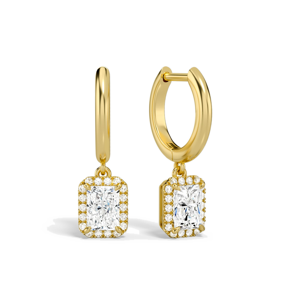 Allegra Radiant Halo Drop Huggie Hoop Lab-Grown Diamond Earrings in 14K Yellow Gold, front view