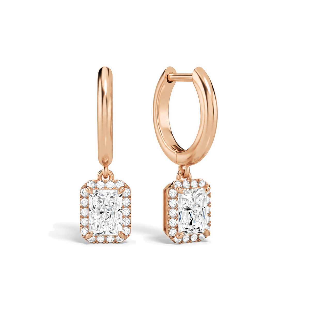 Allegra Radiant Halo Drop Huggie Hoop Lab-Grown Diamond Earrings in 14K Rose Gold, front view