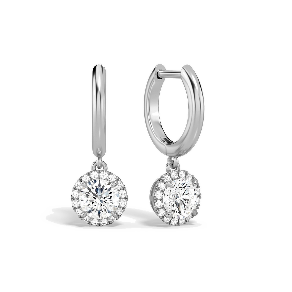 Allegra Round Halo Drop Huggie Hoop Lab-Grown Diamond Earrings in Platinum, front view