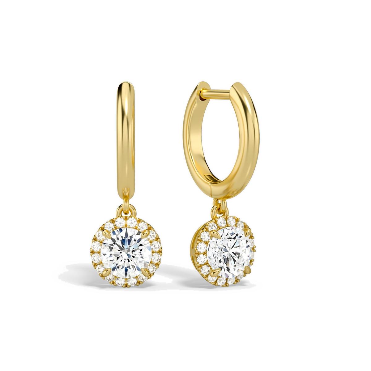 Allegra Round Halo Drop Huggie Hoop Lab-Grown Diamond Earrings in 18K Yellow Gold, front view