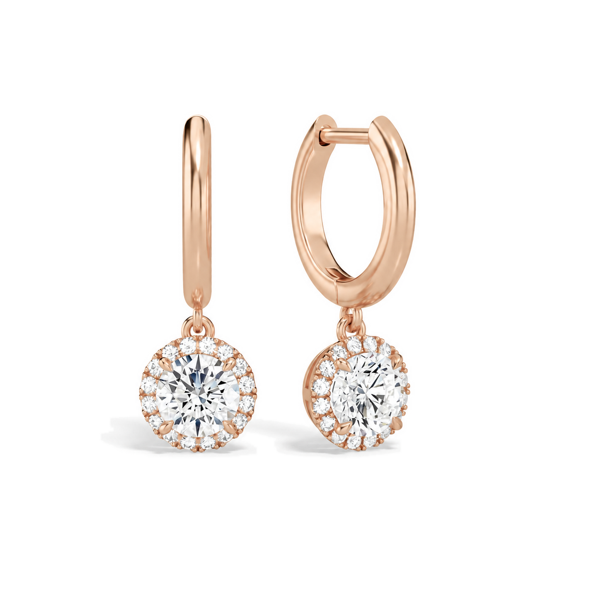 Allegra Round Halo Drop Huggie Hoop Lab-Grown Diamond Earrings in 14K Rose Gold, front view