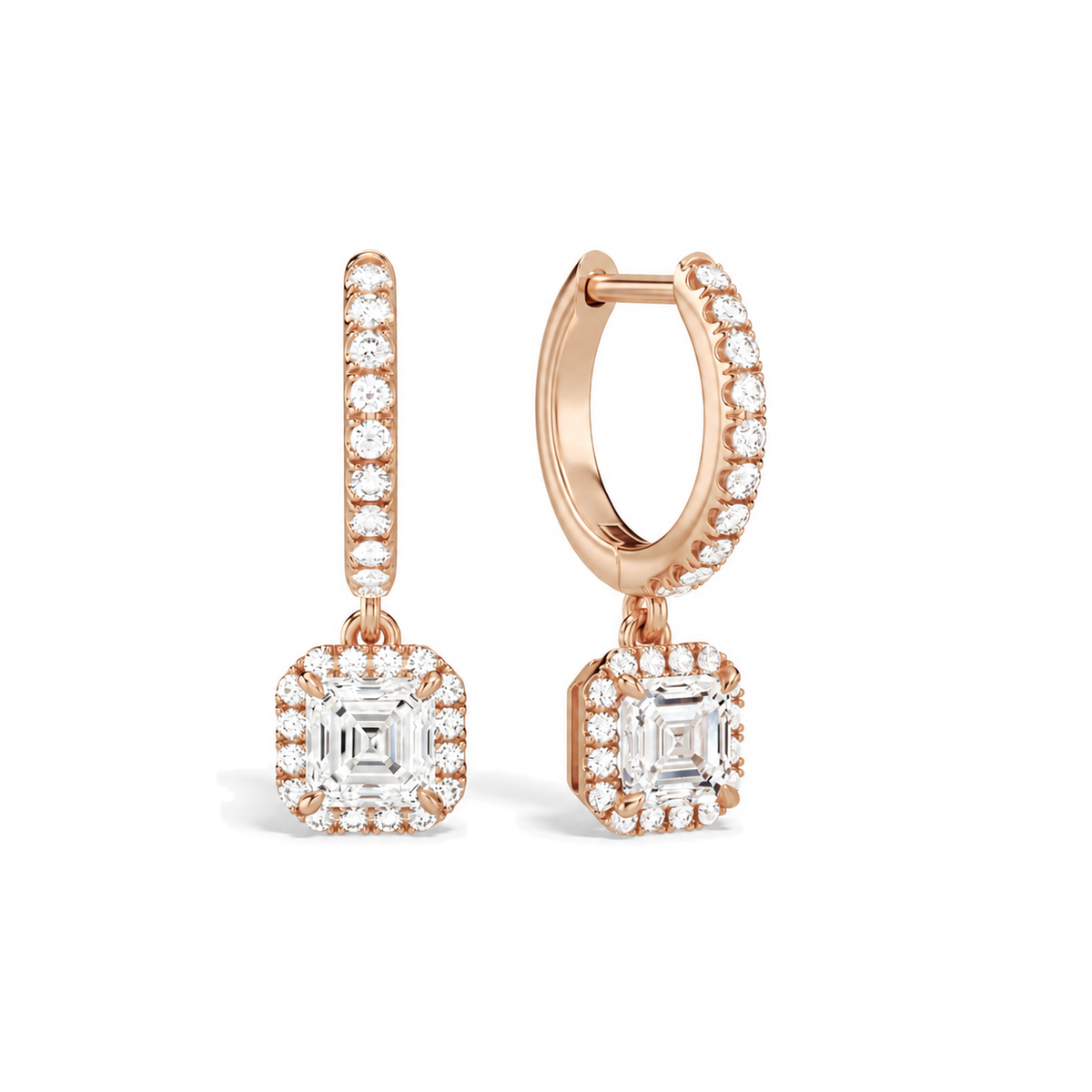 Bellamy Asscher Luxe Drop Huggie Hoop Lab-Grown Diamond Earrings in 14K Rose Gold, front view