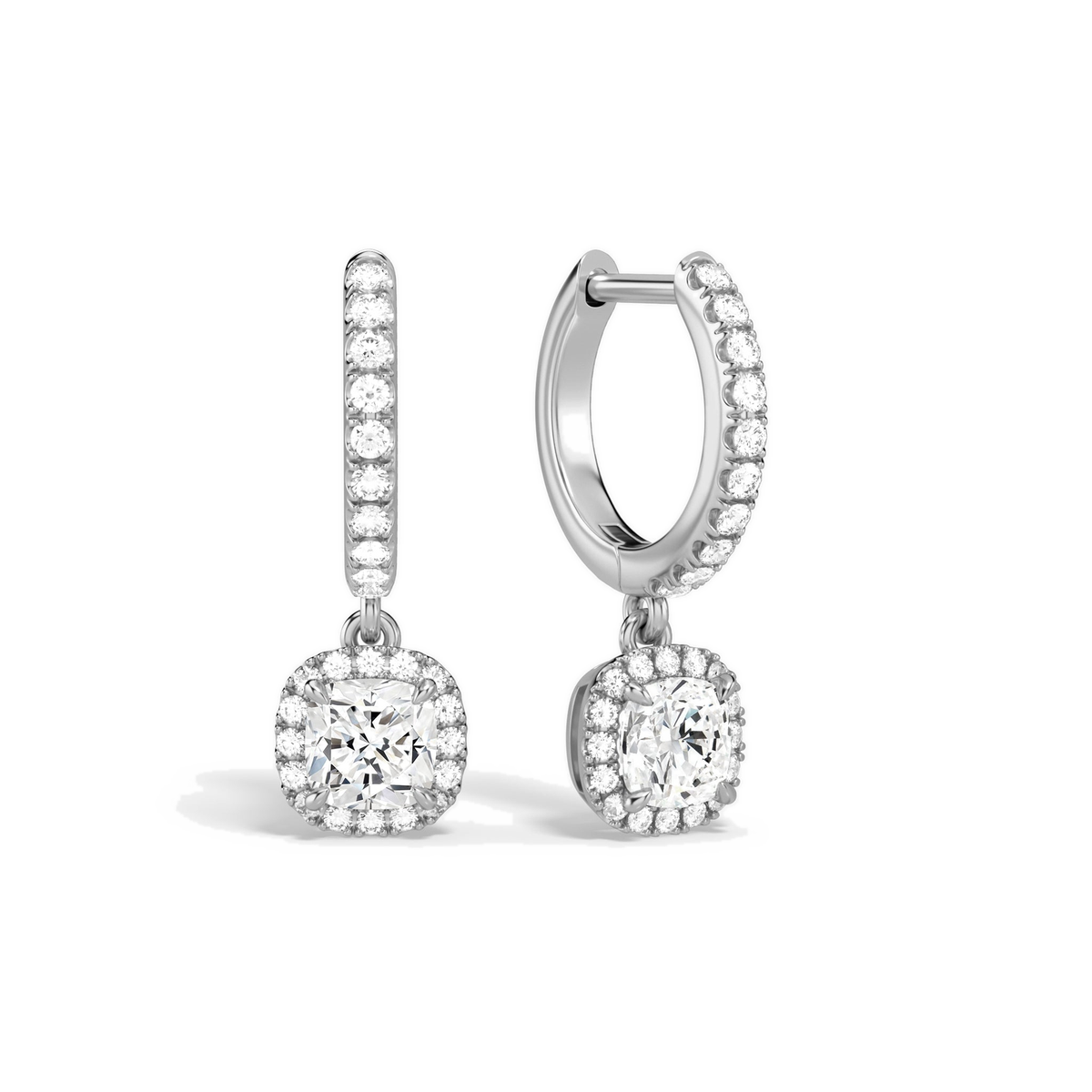 Bellamy Cushion Luxe Drop Huggie Hoop Lab-Grown Diamond Earrings in Platinum, front view