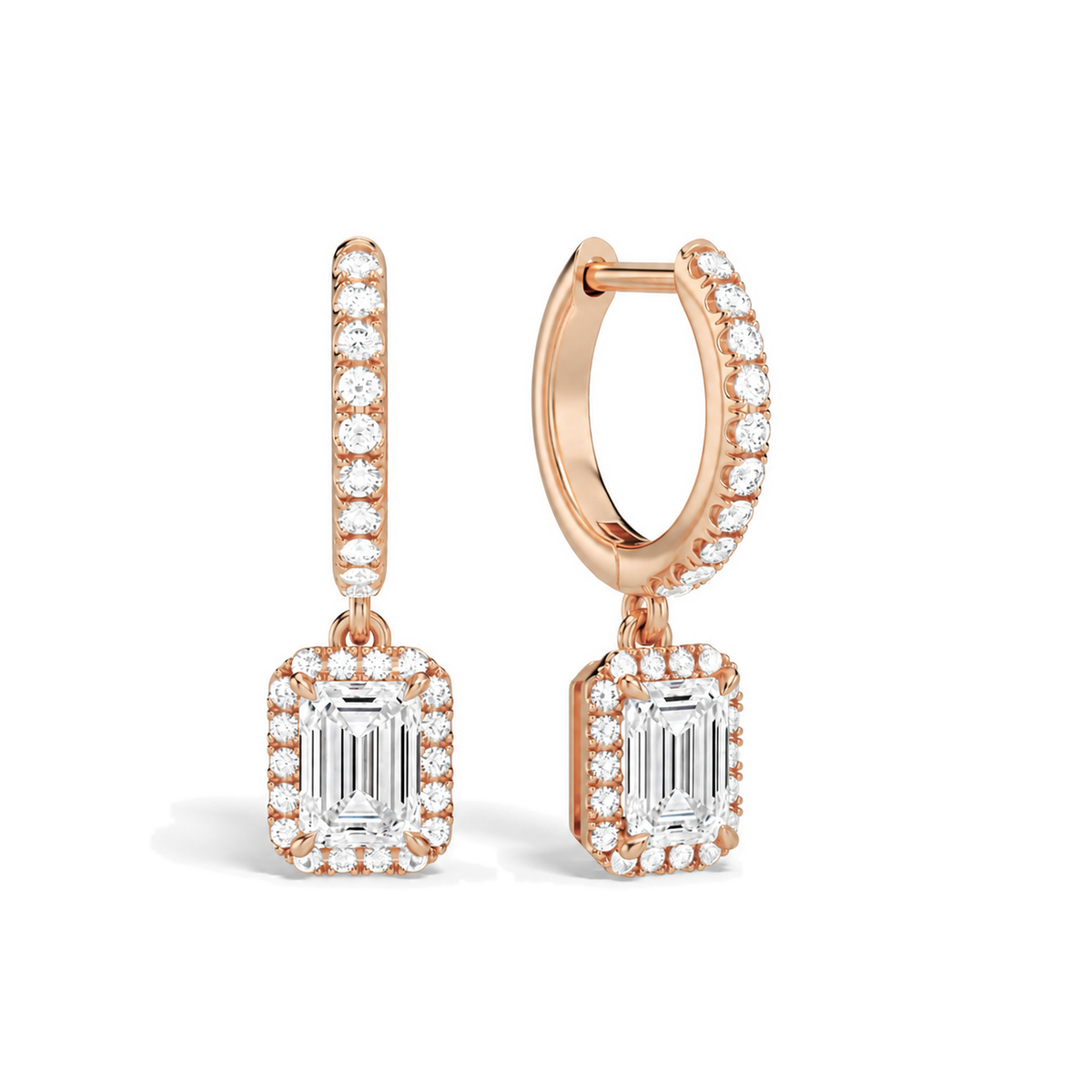 Bellamy Emerald Luxe Drop Huggie Hoop Lab-Grown Diamond Earrings in 14K Rose Gold, front view