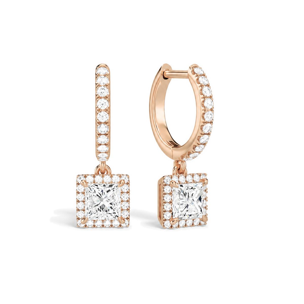 Bellamy Princess Luxe Drop Huggie Hoop Lab-Grown Diamond Earrings in 14K Rose Gold, front view
