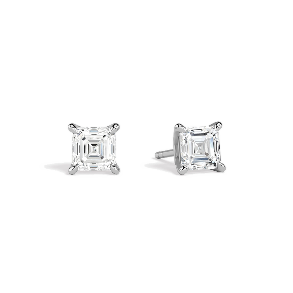 Eira Asscher Solitaire 4-Prong Lab-Grown Diamond Stud Earrings in 14K White Gold, front view