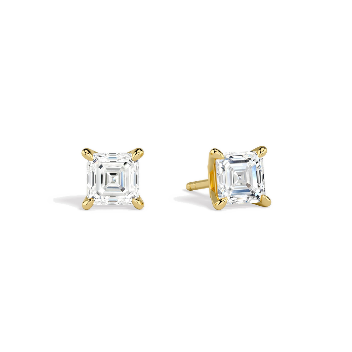 Eira Asscher Solitaire 4-Prong Lab-Grown Diamond Stud Earrings in 18K Yellow Gold, front view