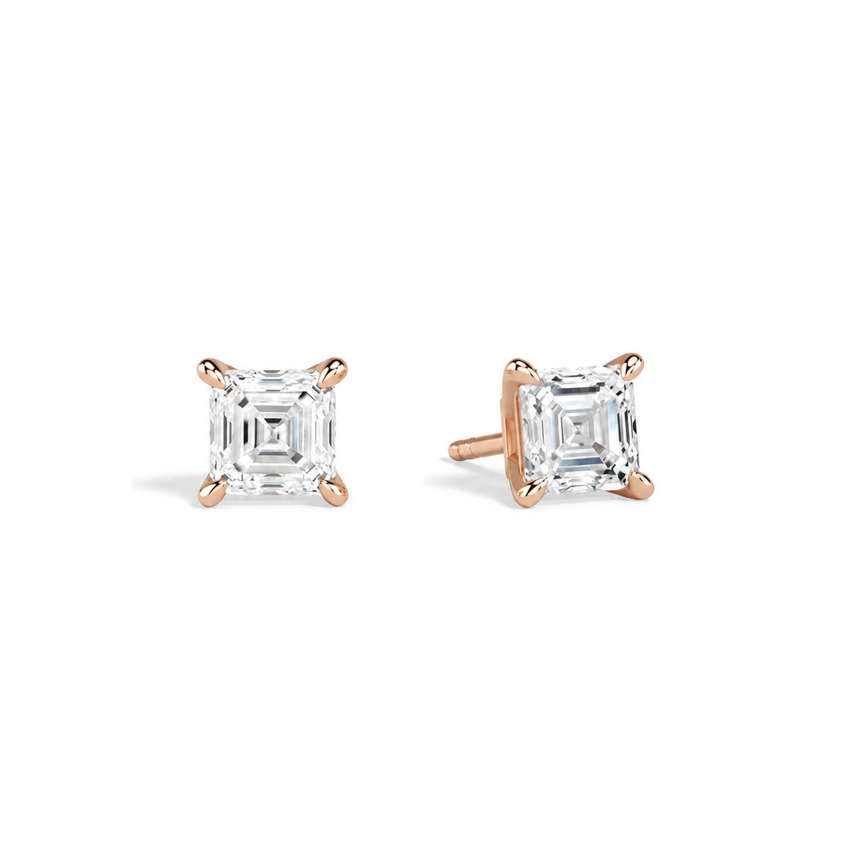 Eira Asscher Solitaire 4-Prong Lab-Grown Diamond Stud Earrings in 14K Rose Gold, front view