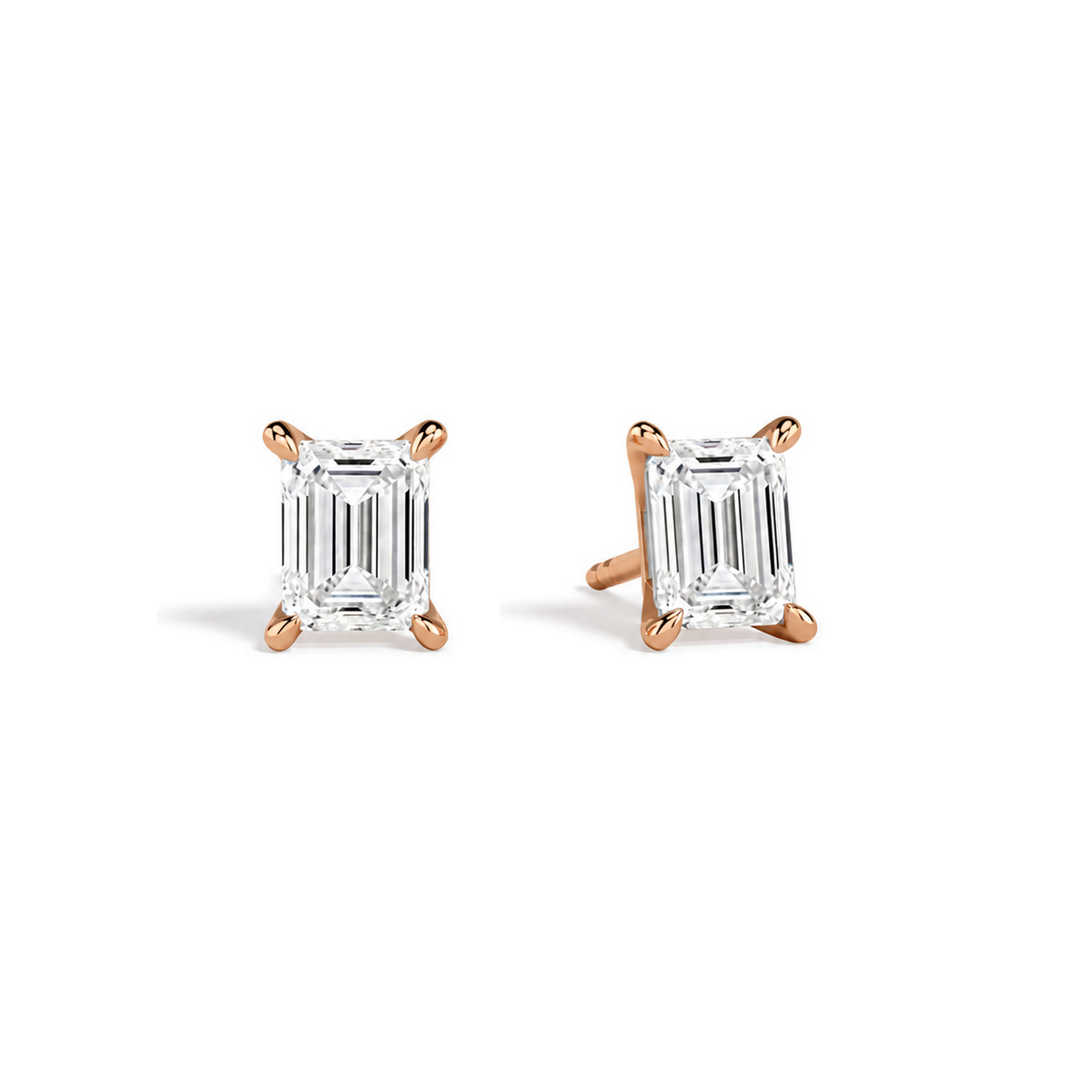 Eira Emerald Solitaire 4-Prong Lab-Grown Diamond Stud Earrings in 14K Rose Gold, front view