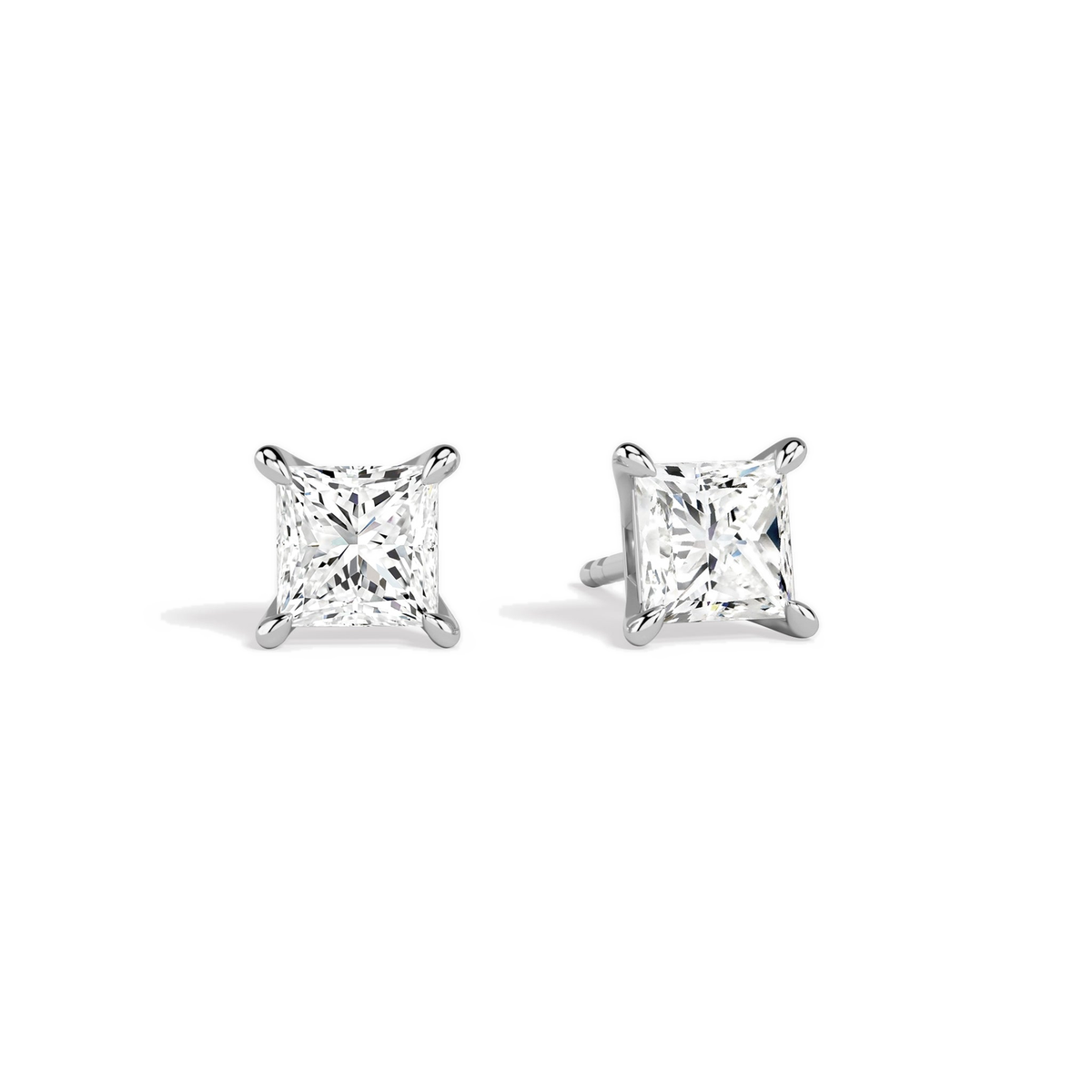 Eira Princess Solitaire 4-Prong Lab-Grown Diamond Stud Earrings in 14K White Gold, front view