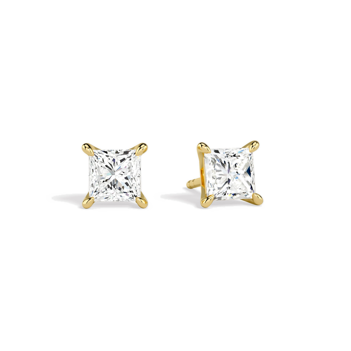 Eira Princess Solitaire 4-Prong Lab-Grown Diamond Stud Earrings in 14K Yellow Gold, front view