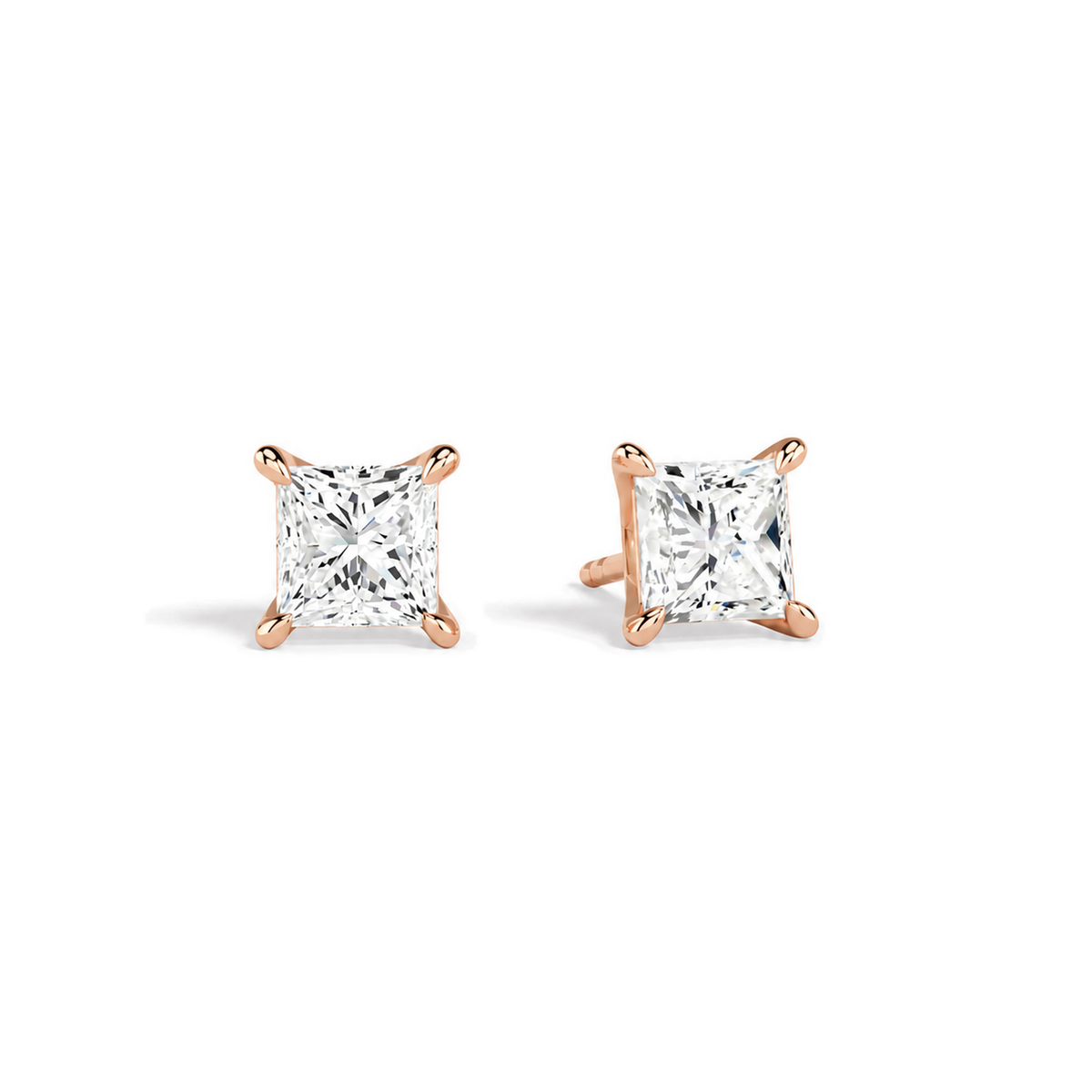Eira Princess Solitaire 4-Prong Lab-Grown Diamond Stud Earrings in 14K Rose Gold, front view