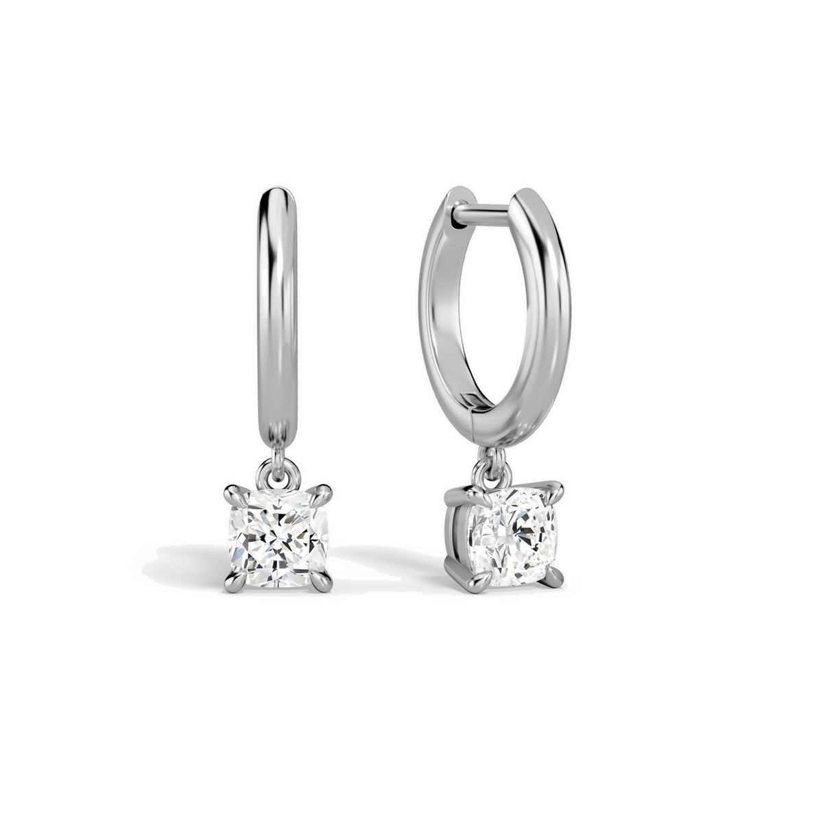 Cerelia Cushion Solitaire Drop Huggie Hoop Lab-Grown Diamond Earrings in 14K White Gold, front view