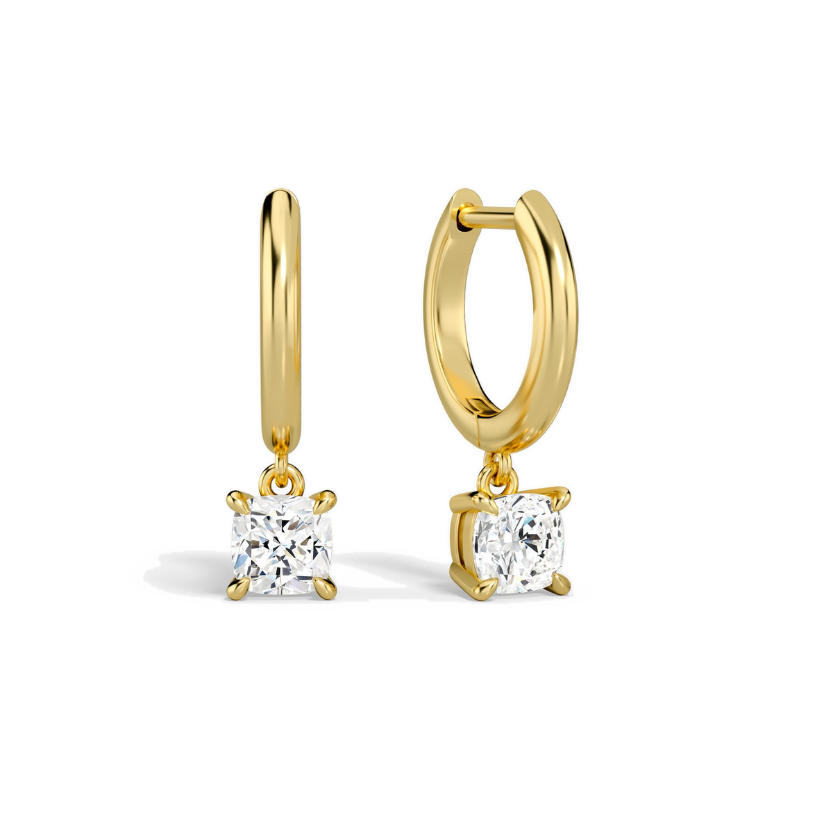 Cerelia Cushion Solitaire Drop Huggie Hoop Lab-Grown Diamond Earrings in 14K Yellow Gold, front view