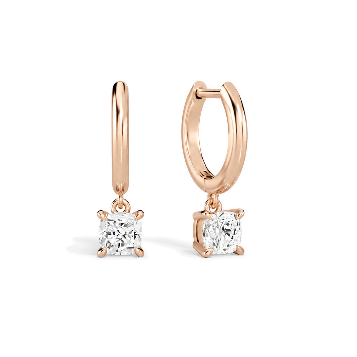 Cerelia Cushion Solitaire Drop Huggie Hoop Lab-Grown Diamond Earrings in 14K Rose Gold, front view