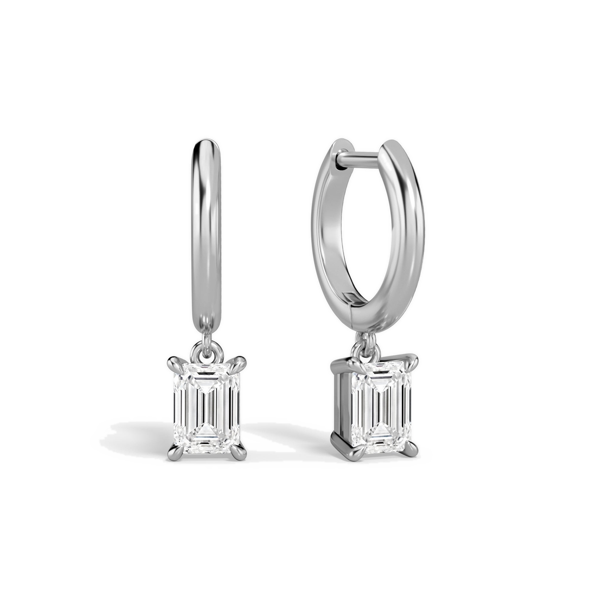 Cerelia Emerald Solitaire Drop Huggie Hoop Lab-Grown Diamond Earrings in 18K White Gold, front view