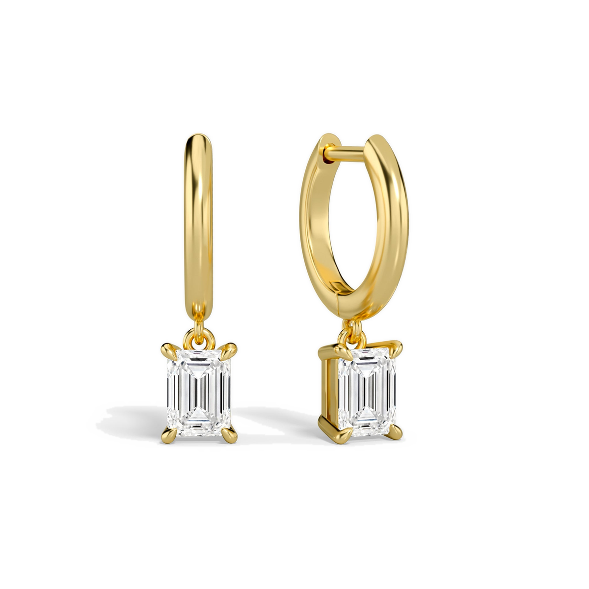 Cerelia Emerald Solitaire Drop Huggie Hoop Lab-Grown Diamond Earrings in 18K Yellow Gold, front view