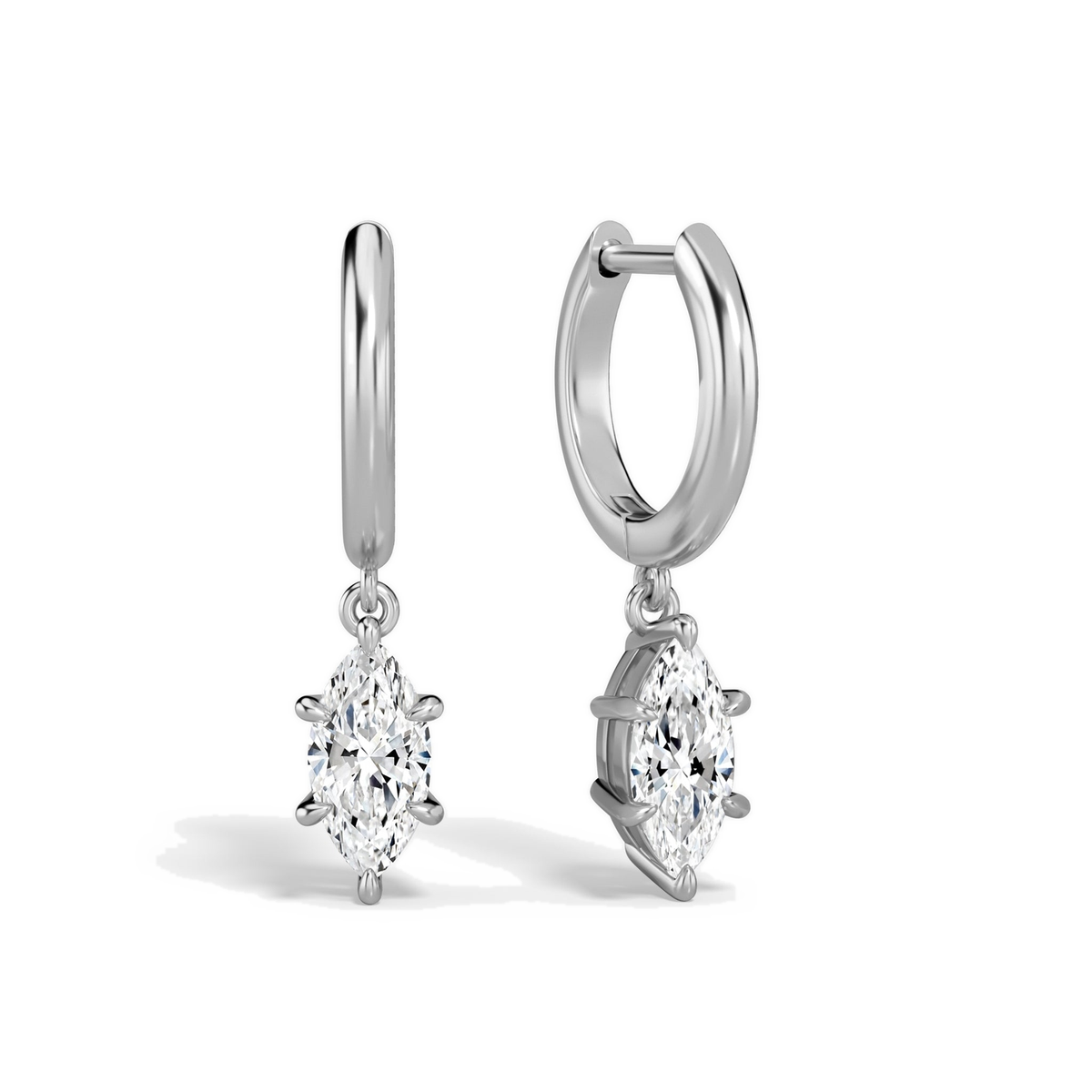 Cerelia Marquise Solitaire Drop Huggie Hoop Lab-Grown Diamond Earrings in 14K White Gold, front view