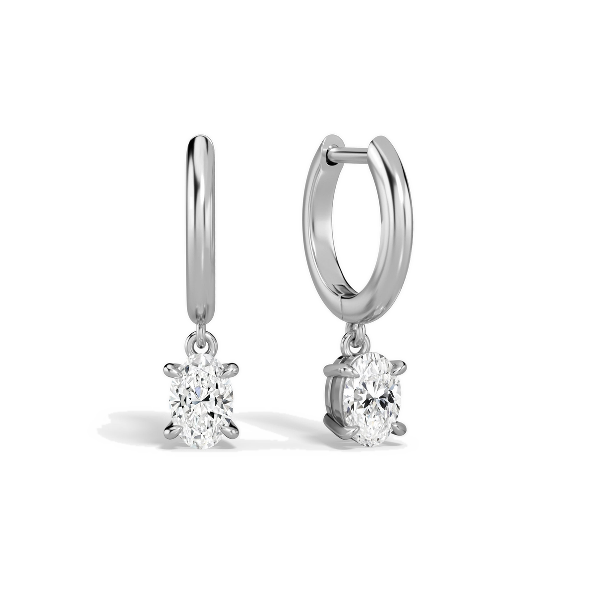 Cerelia Oval Solitaire Drop Huggie Hoop Lab-Grown Diamond Earrings in 18K White Gold, front view
