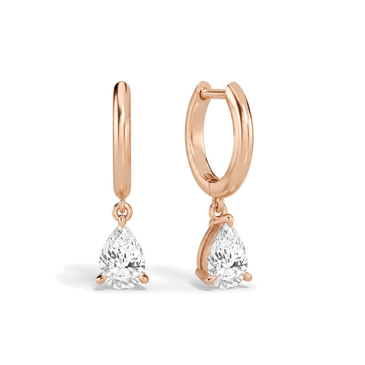 Cerelia Pear Solitaire Drop Huggie Hoop Lab-Grown Diamond Earrings in 14K Rose Gold, front view