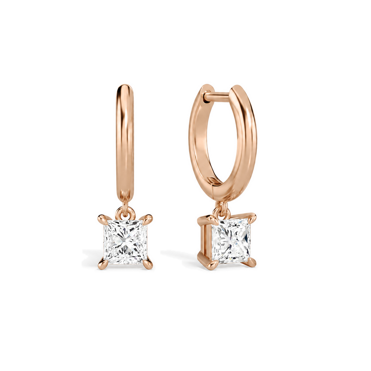 Cerelia Princess Solitaire Drop Huggie Hoop Lab-Grown Diamond Earrings in 14K Rose Gold, front view