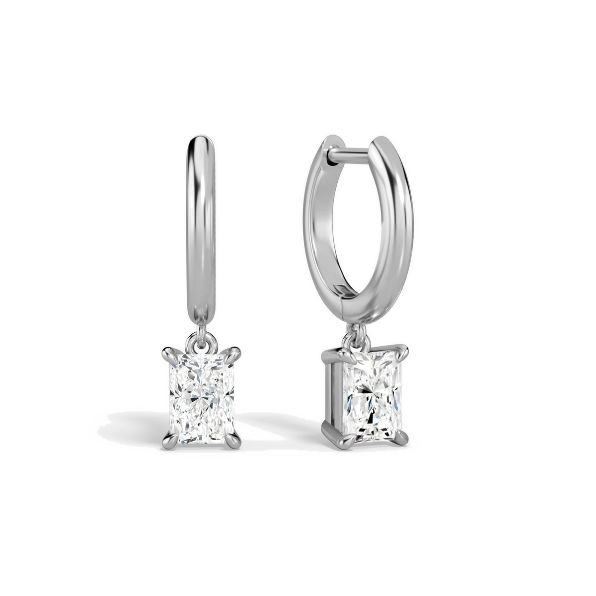 Cerelia Radiant Solitaire Drop Huggie Hoop Lab-Grown Diamond Earrings in Platinum, front view