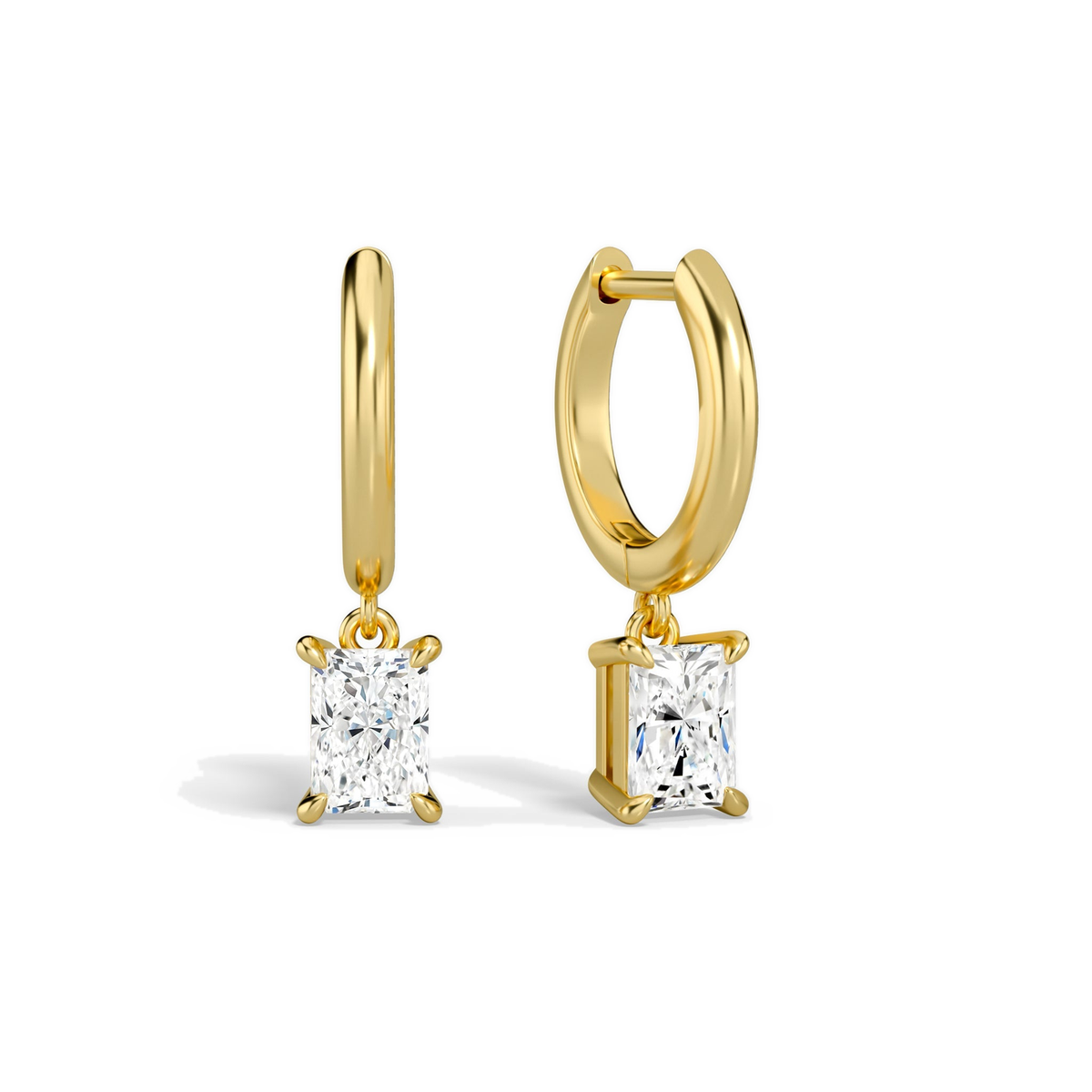 Cerelia Radiant Solitaire Drop Huggie Hoop Lab-Grown Diamond Earrings in 14K Yellow Gold, front view