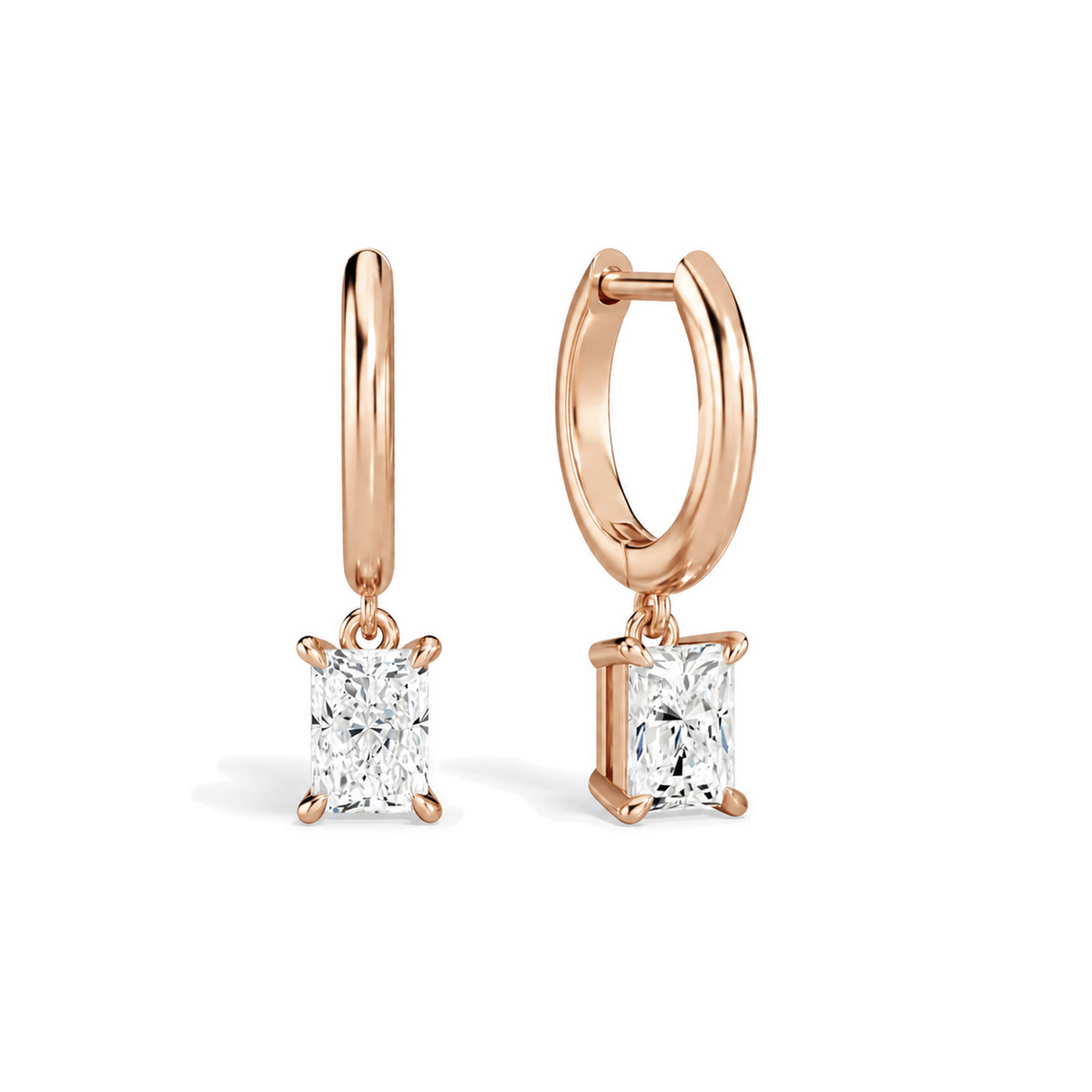 Cerelia Radiant Solitaire Drop Huggie Hoop Lab-Grown Diamond Earrings in 14K Rose Gold, front view