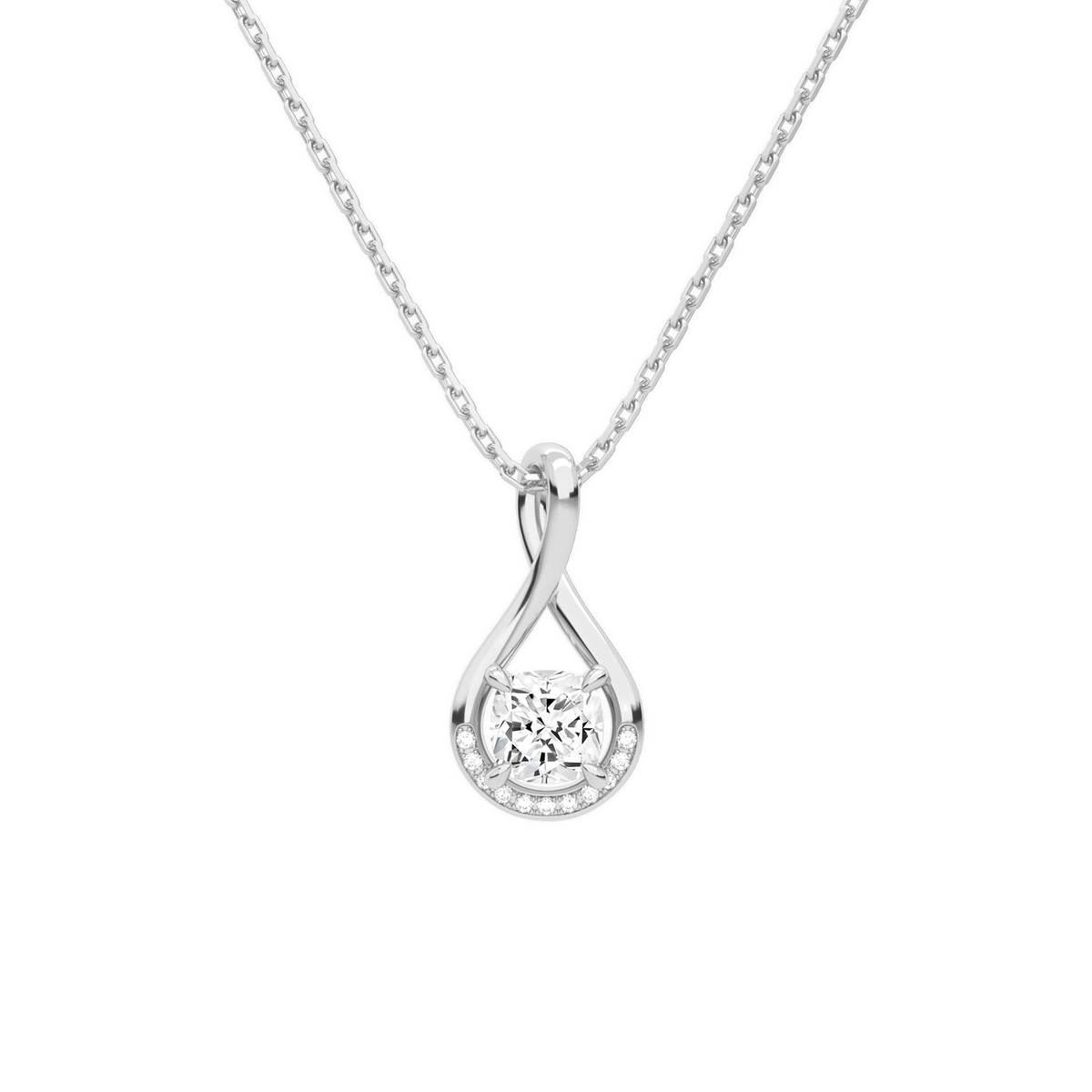 Nelle Cushion Accented Twist Lab-Grown Diamond Pendant Necklace in 18K White Gold, front view