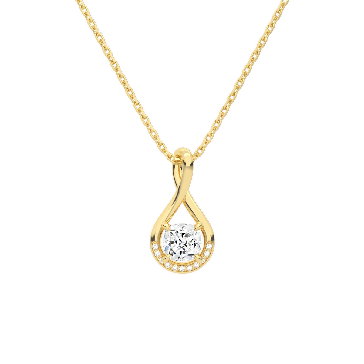 Nelle Cushion Accented Twist Lab-Grown Diamond Pendant Necklace in 14K Yellow Gold, front view