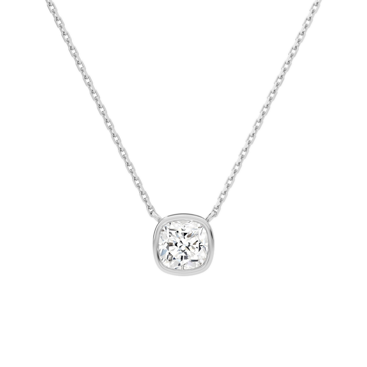 Sienna Cushion Bezel Solitaire Lab-Grown Diamond Necklace in 14K White Gold, front view