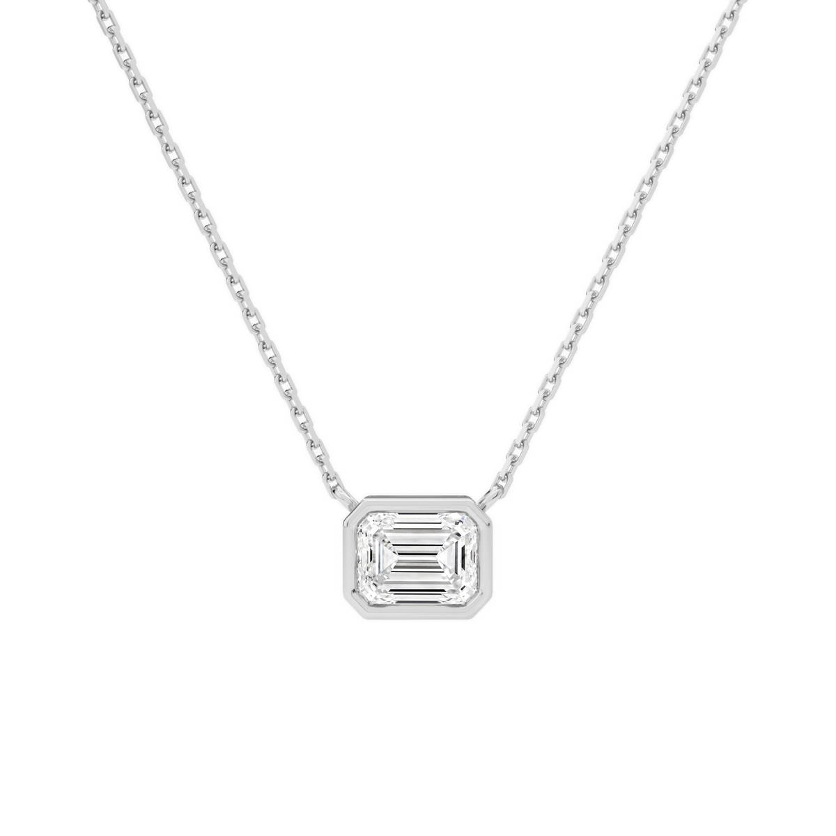 Sienna Emerald Bezel Solitaire Lab-Grown Diamond Necklace in 18K White Gold, front view