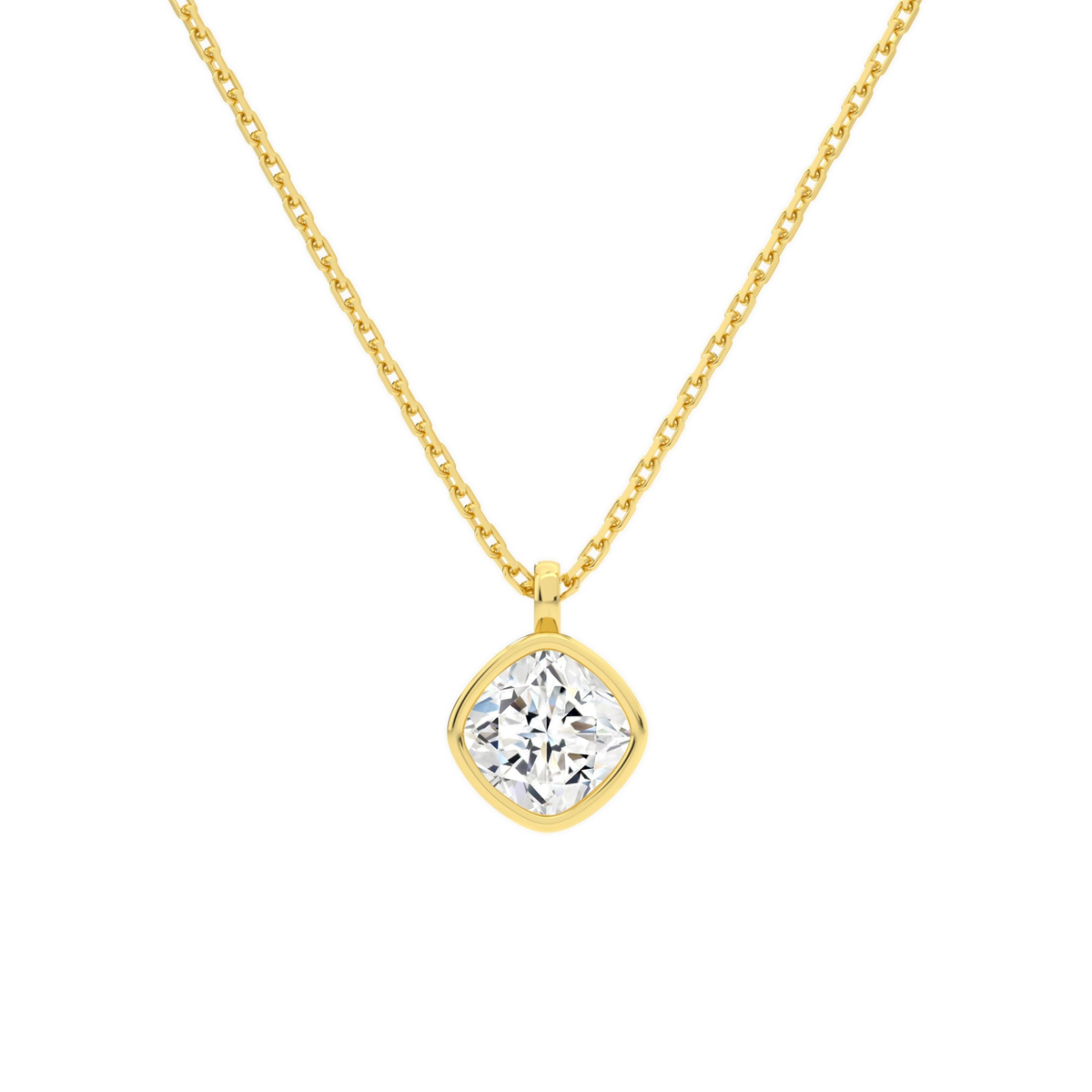 Stellaire Cushion Bezel Solitaire Lab-Grown Diamond Pendant Necklace in 14K Yellow Gold, front view