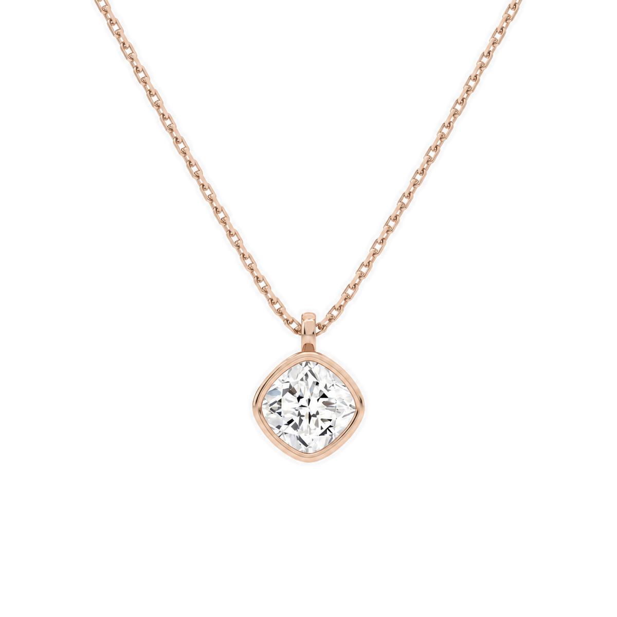 Stellaire Cushion Bezel Solitaire Lab-Grown Diamond Pendant Necklace in 14K Rose Gold, front view