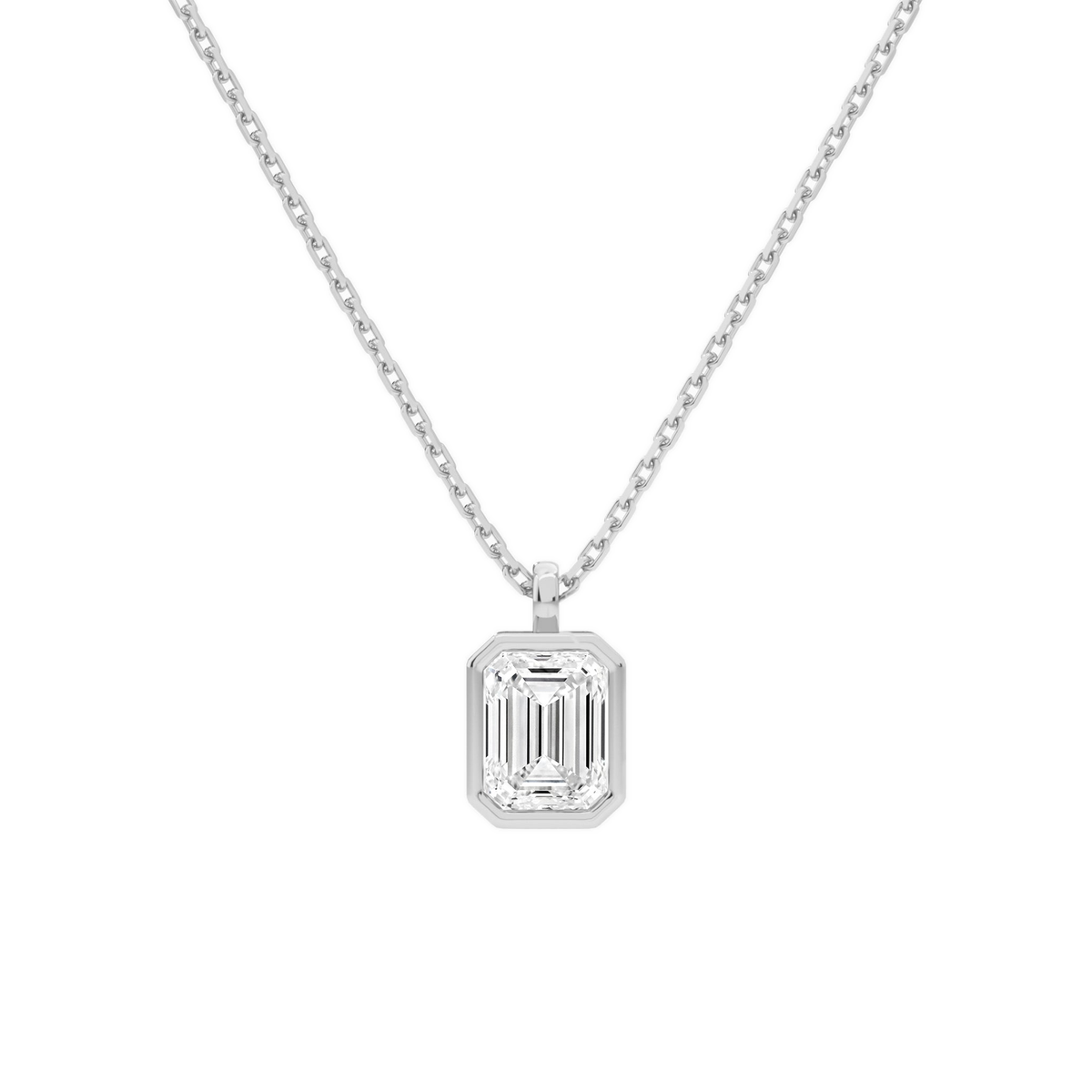 Stellaire Emerald Bezel Solitaire Lab-Grown Diamond Pendant Necklace in 14K White Gold, front view