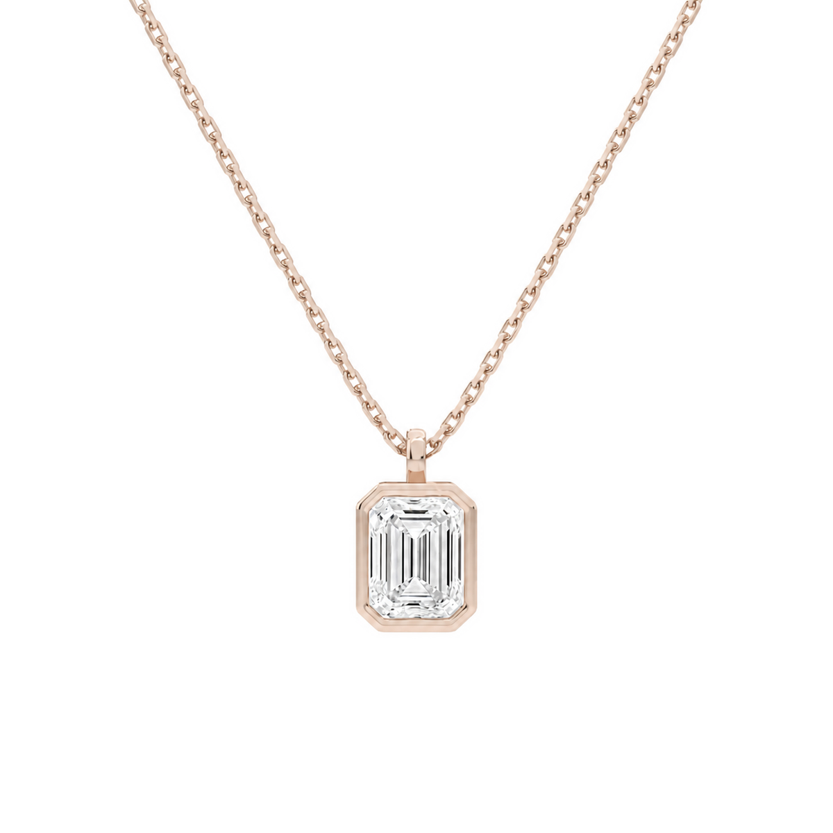 Stellaire Emerald Bezel Solitaire Lab-Grown Diamond Pendant Necklace in 14K Rose Gold, front view