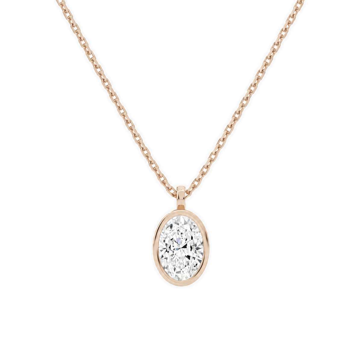Stellaire Oval Bezel Solitaire Lab-Grown Diamond Pendant Necklace in 14K Rose Gold, front view