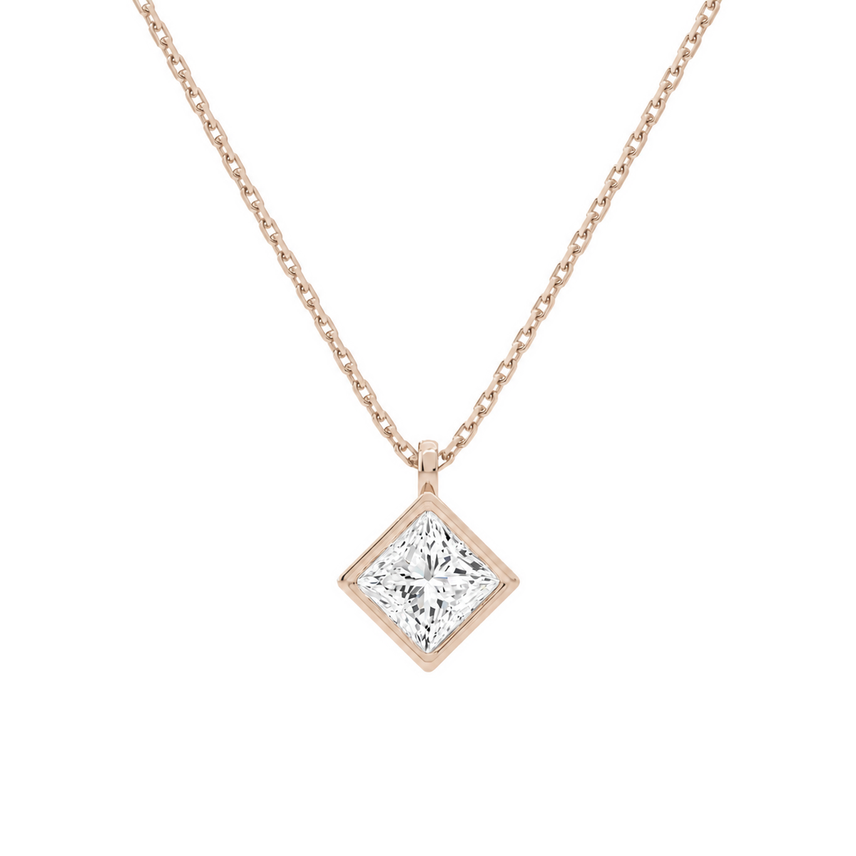 Stellaire Princess Bezel Solitaire Lab-Grown Diamond Pendant Necklace in 14K Rose Gold, front view
