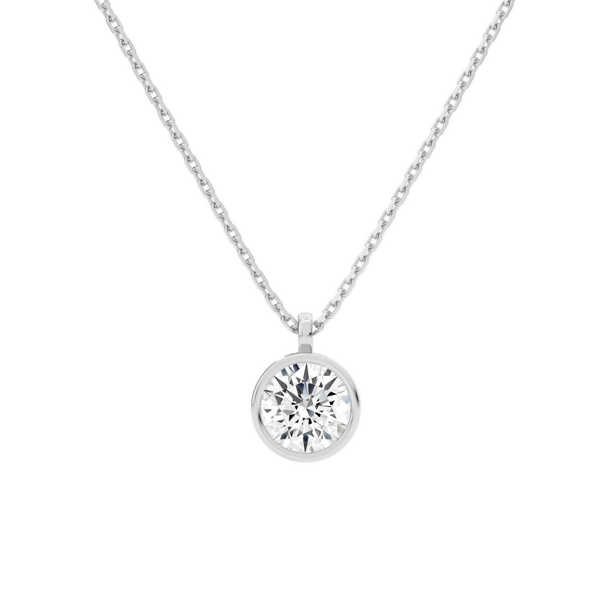 Stellaire Round Bezel Solitaire Lab-Grown Diamond Pendant Necklace in 18K White Gold, front view