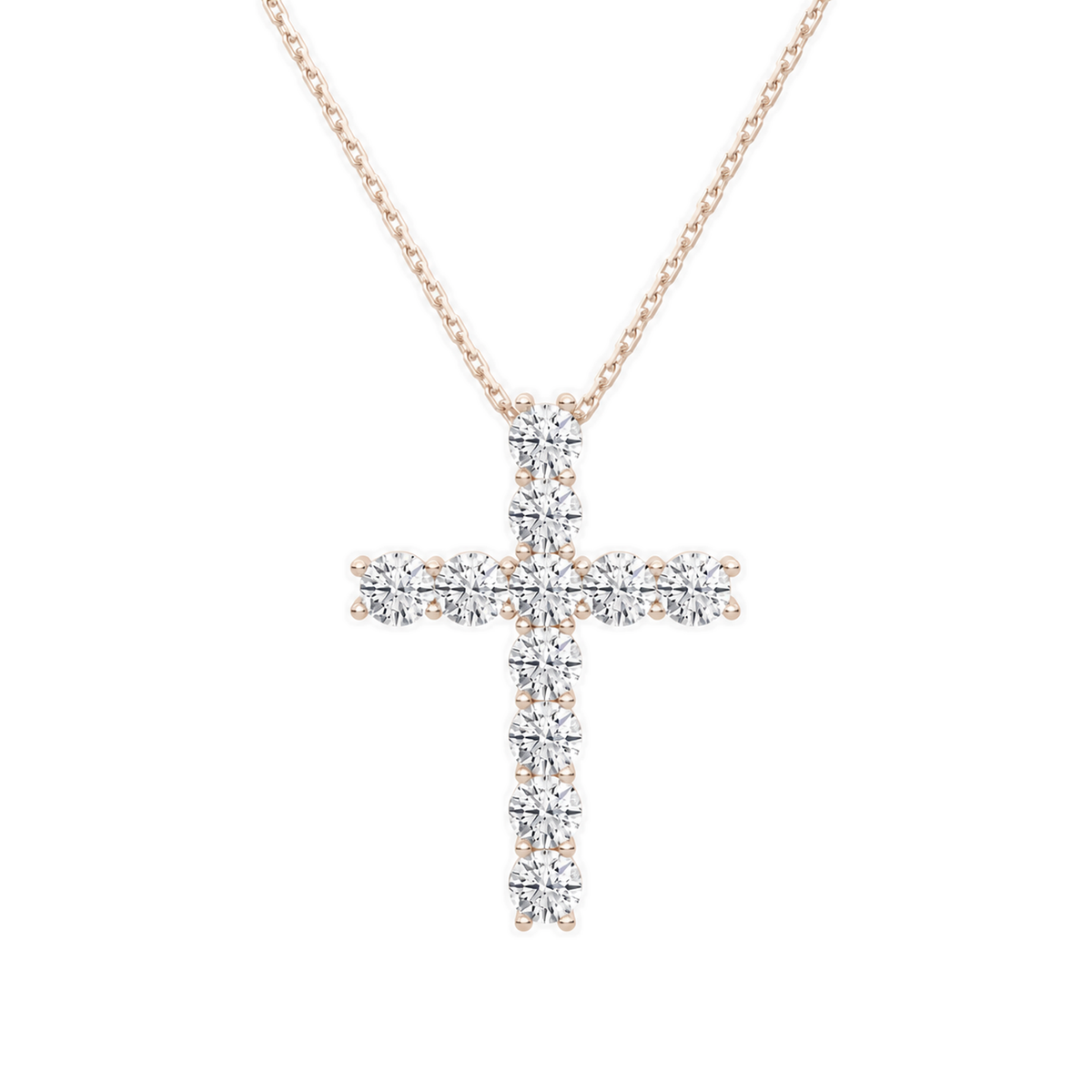 Iris Shared Prong Cross Lab-Grown Diamond Necklace in 14K Rose Gold, front view