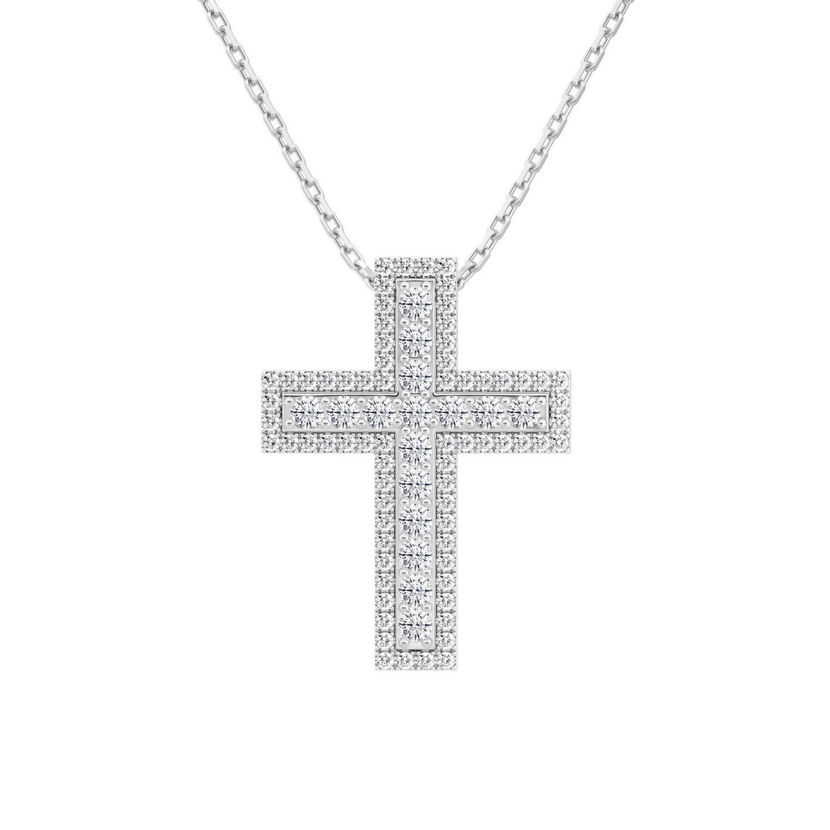 Evora Pave Edge Cross Lab-Grown Diamond Pendant Necklace in 18K White Gold, front view