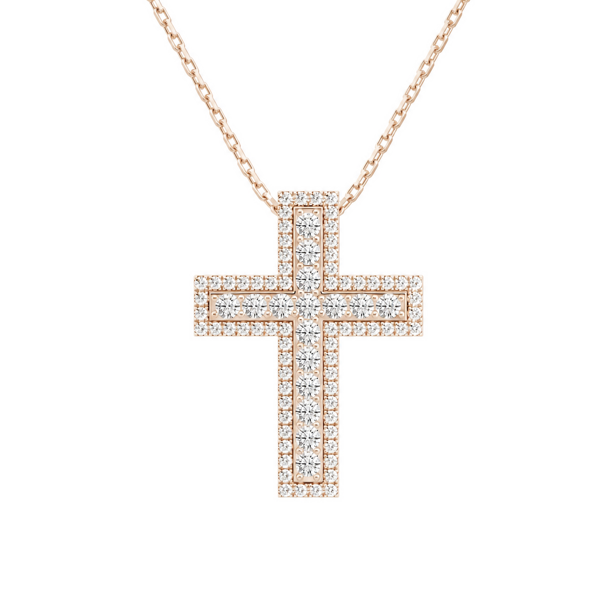 Evora Pave Edge Cross Lab-Grown Diamond Pendant Necklace in 14K Rose Gold, front view