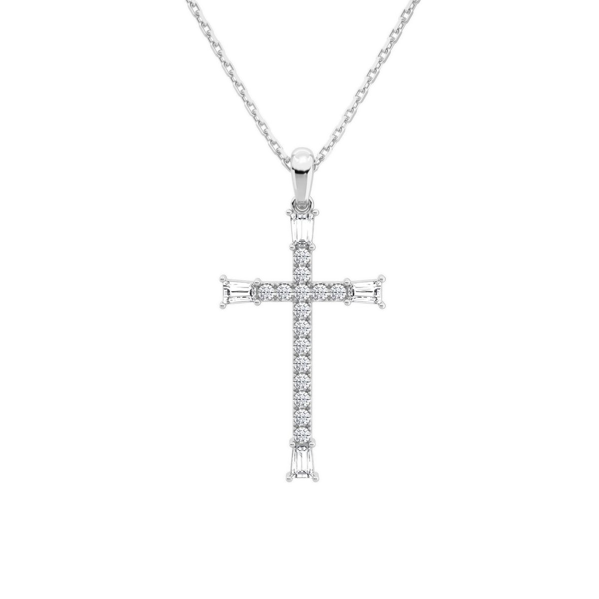 Orienne Tapered Baguette Cross Lab-Grown Diamond Pendant Necklace in 18K White Gold, front view