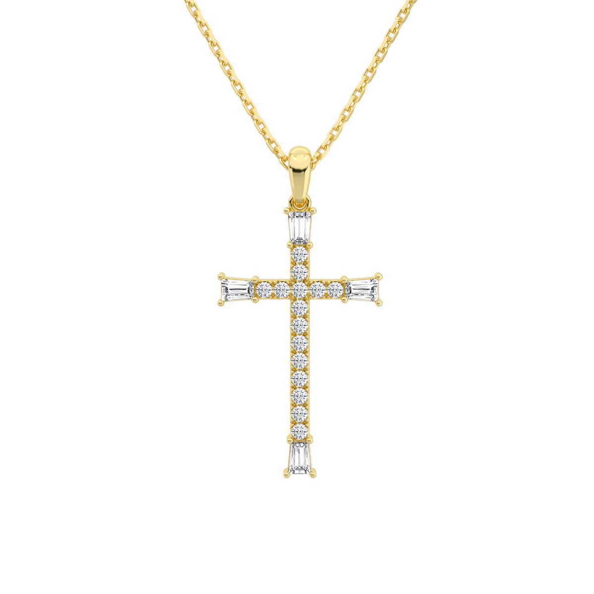 Orienne Tapered Baguette Cross Lab-Grown Diamond Pendant Necklace in 14K Yellow Gold, front view