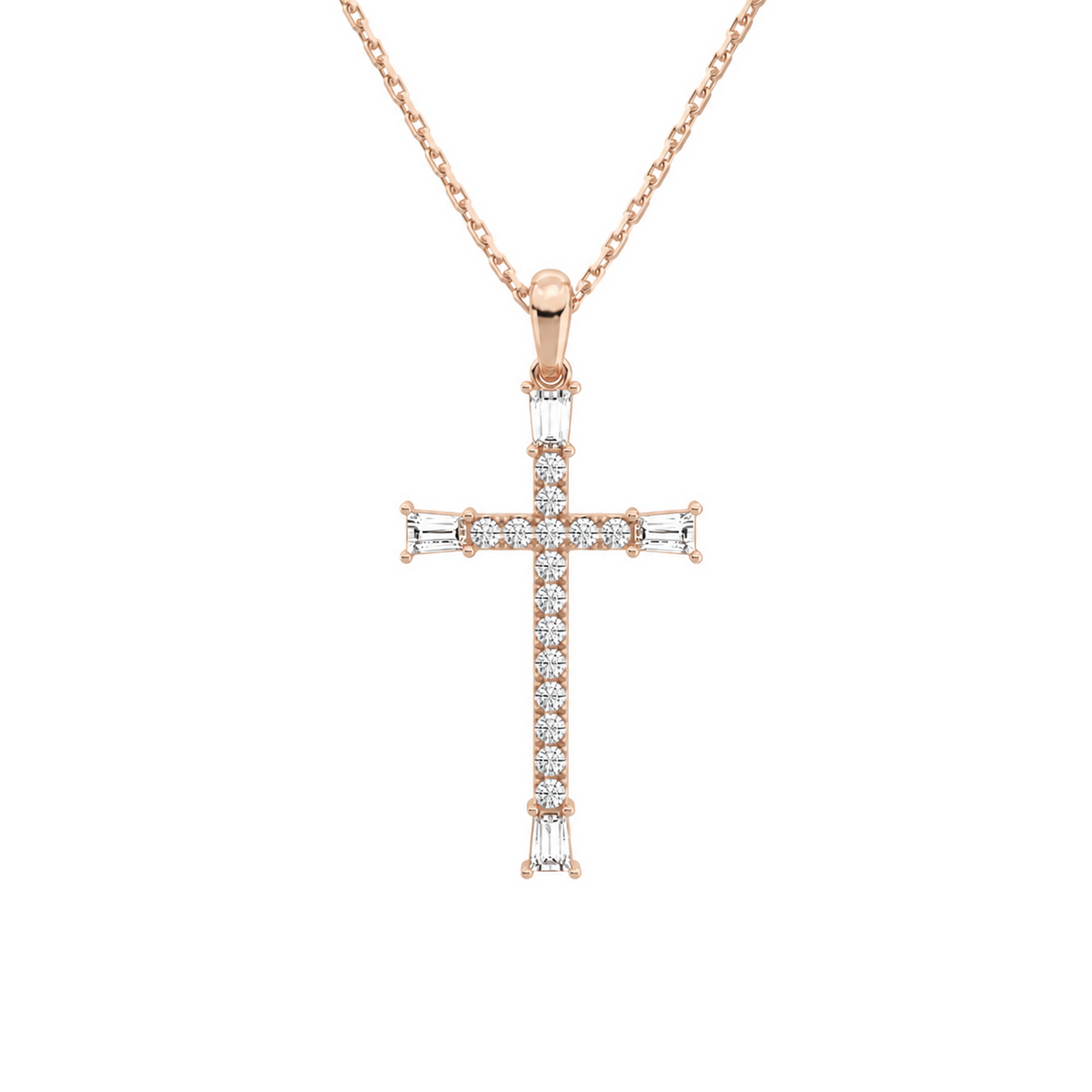 Orienne Tapered Baguette Cross Lab-Grown Diamond Pendant Necklace in 14K Rose Gold, front view