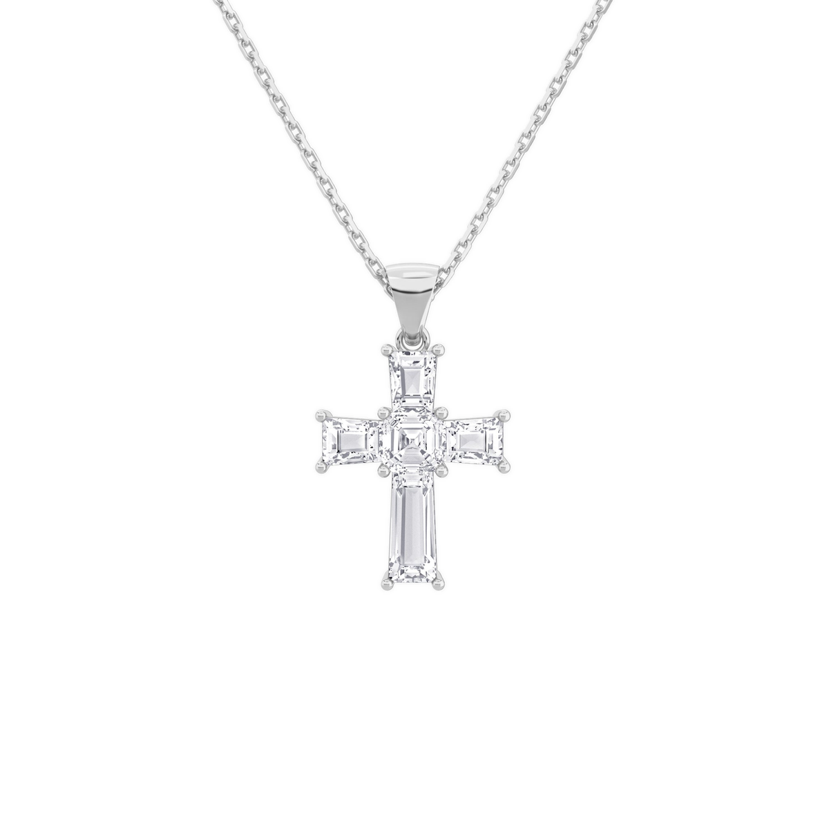 Milena Tapered Baguette Cross Lab-Grown Diamond Pendant Necklace in 18K White Gold, front view