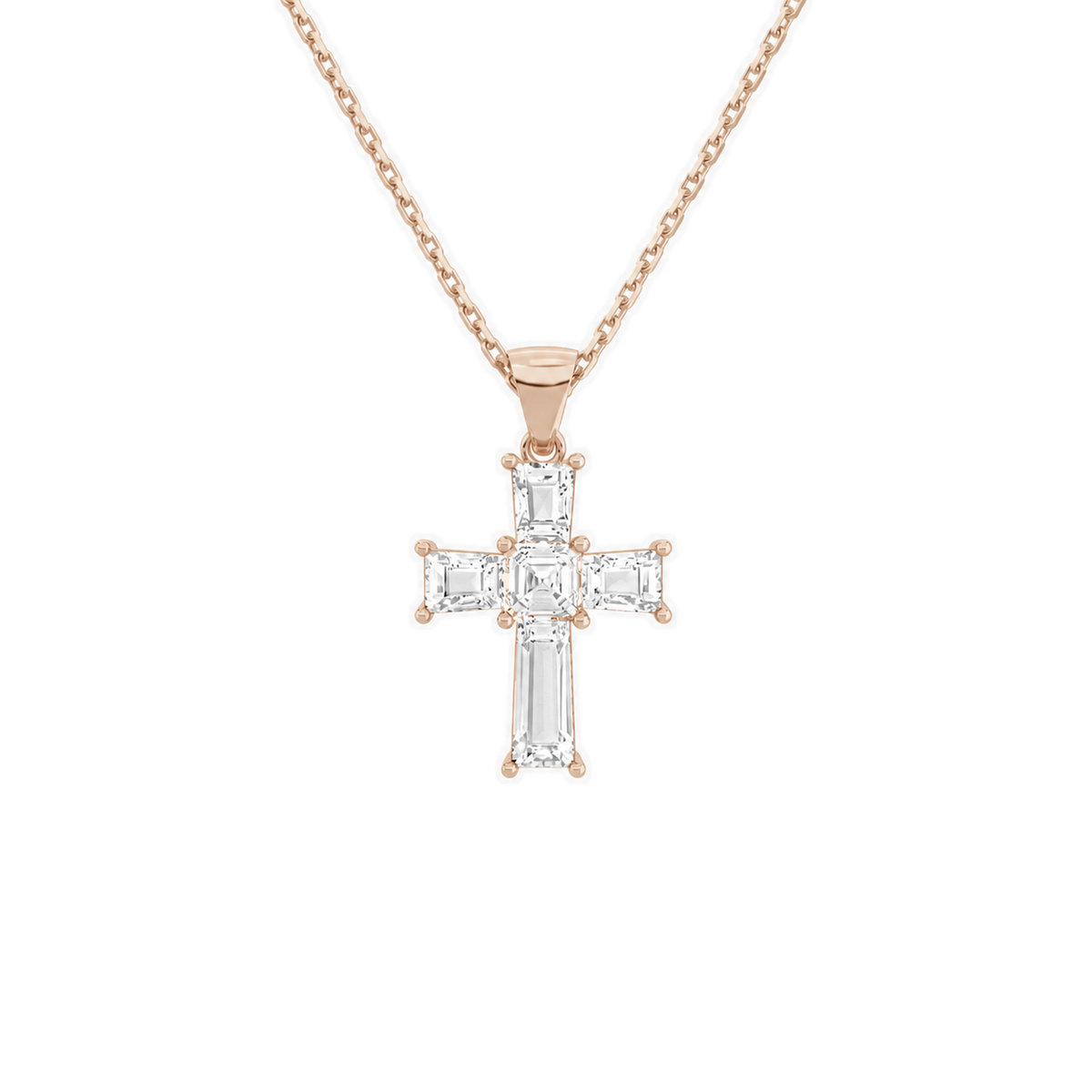 Milena Tapered Baguette Cross Lab-Grown Diamond Pendant Necklace in 14K Rose Gold, front view