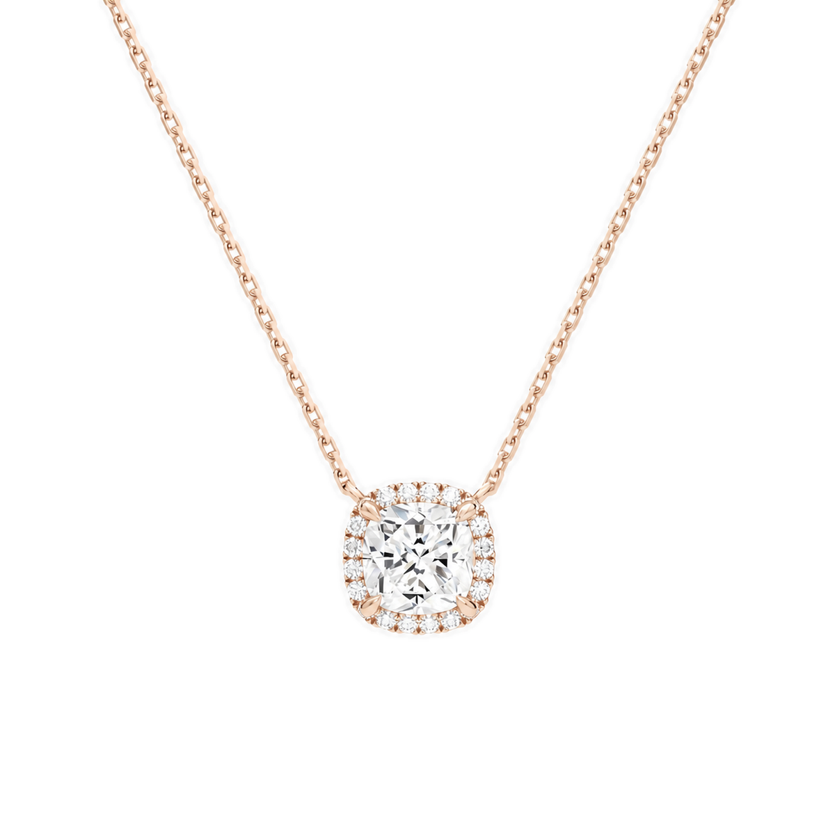 Jessa Cushion Halo Lab-Grown Diamond Necklace in 14K Rose Gold, front view