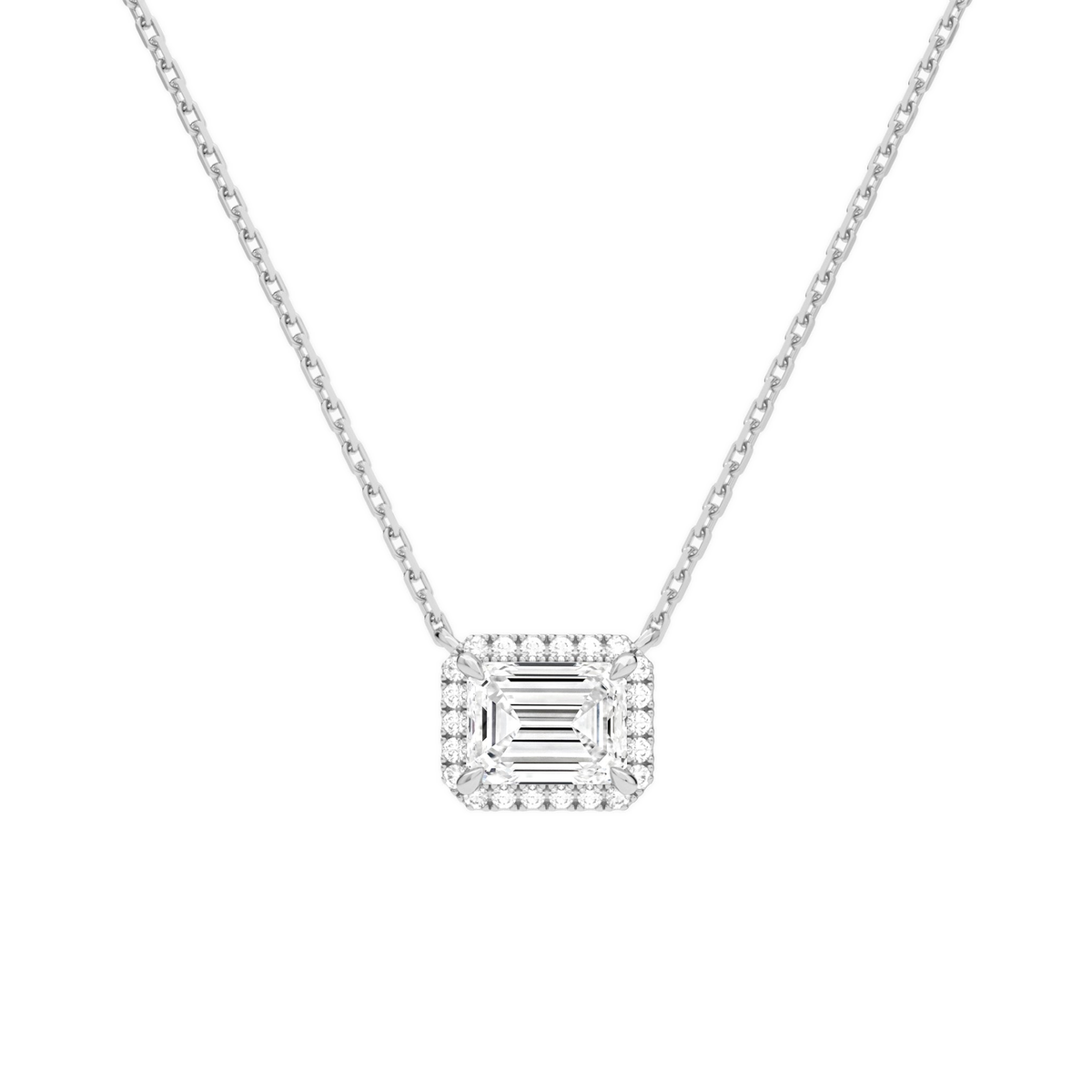 Jessa Emerald Halo Lab-Grown Diamond Necklace in 14K White Gold, front view