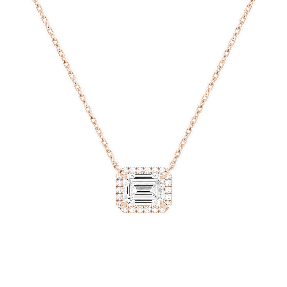 Jessa Emerald Halo Lab-Grown Diamond Necklace in 14K Rose Gold, front view